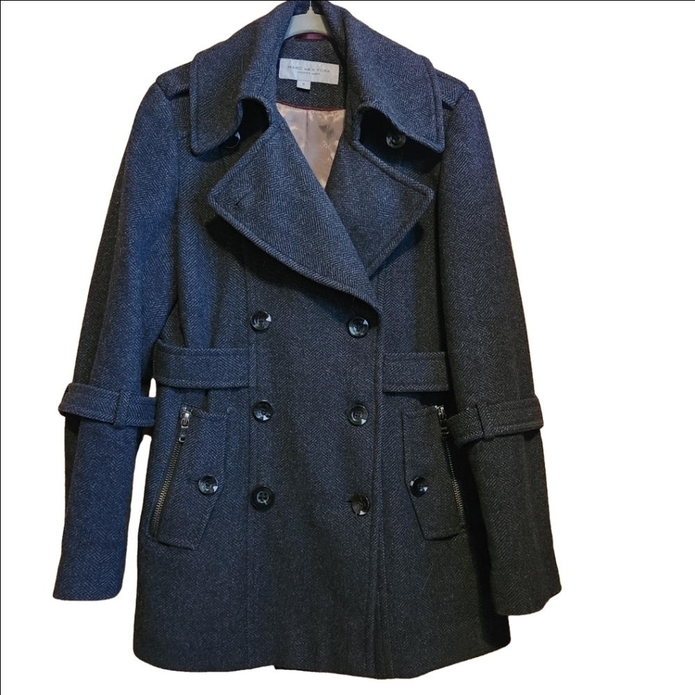 MARC NY DOUBLE BREASTED DARK GRAY WOOL COAT UNIQUE DETAILS GALORE SIZE 6 EUC